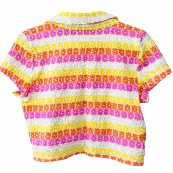 Free People Floral Mod Cropped Polo Top Babe Town Retro 60s Boho Large - Picture 2 of 6